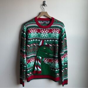 33 Degrees Green Red & White Ugly Christmas Sweater Festive Dinosaur